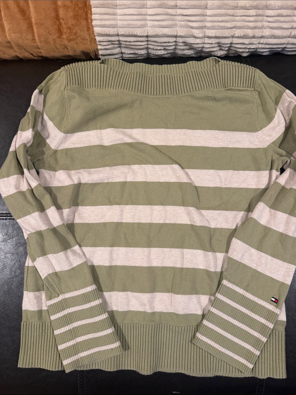 Tommy Hilfiger Olive Green & Cream Striped Crewneck Sweater